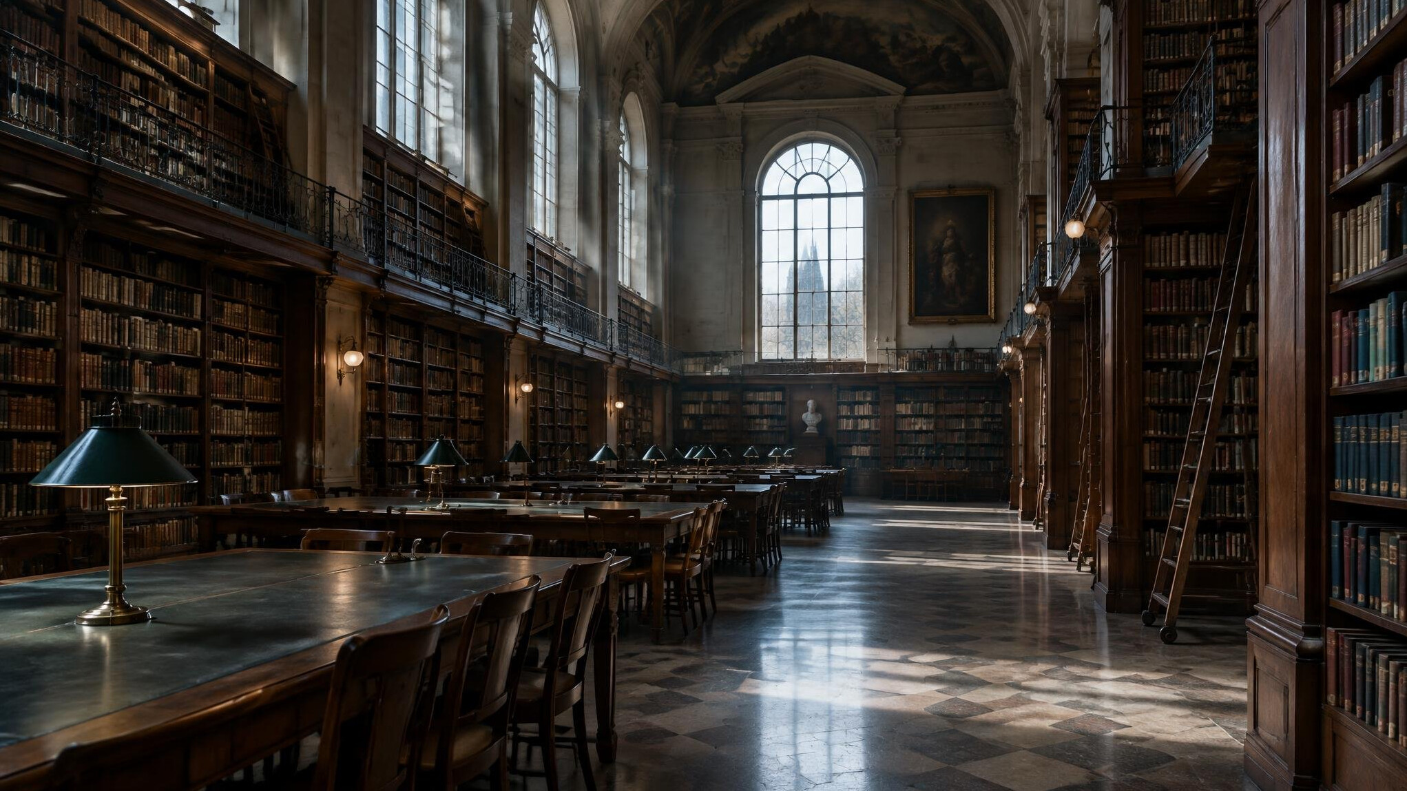 Empty grand library reading hall with rows of books